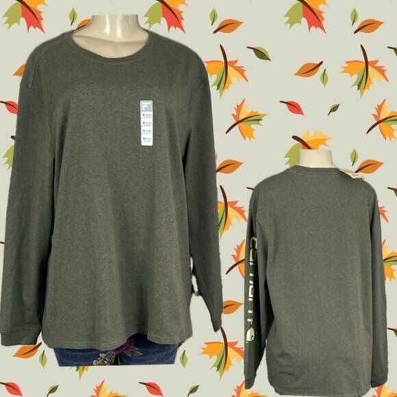 Carhartt +1X Army Green Heather Crew Neckline Heavyweight Logo Long Sleeve Top - Picture 1 of 6